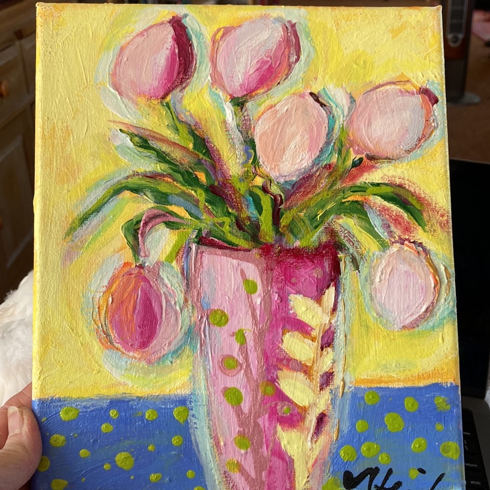 Handpainted Tulips on a Blue Table Original Acrylic Painting 10”x8” on Canvas
